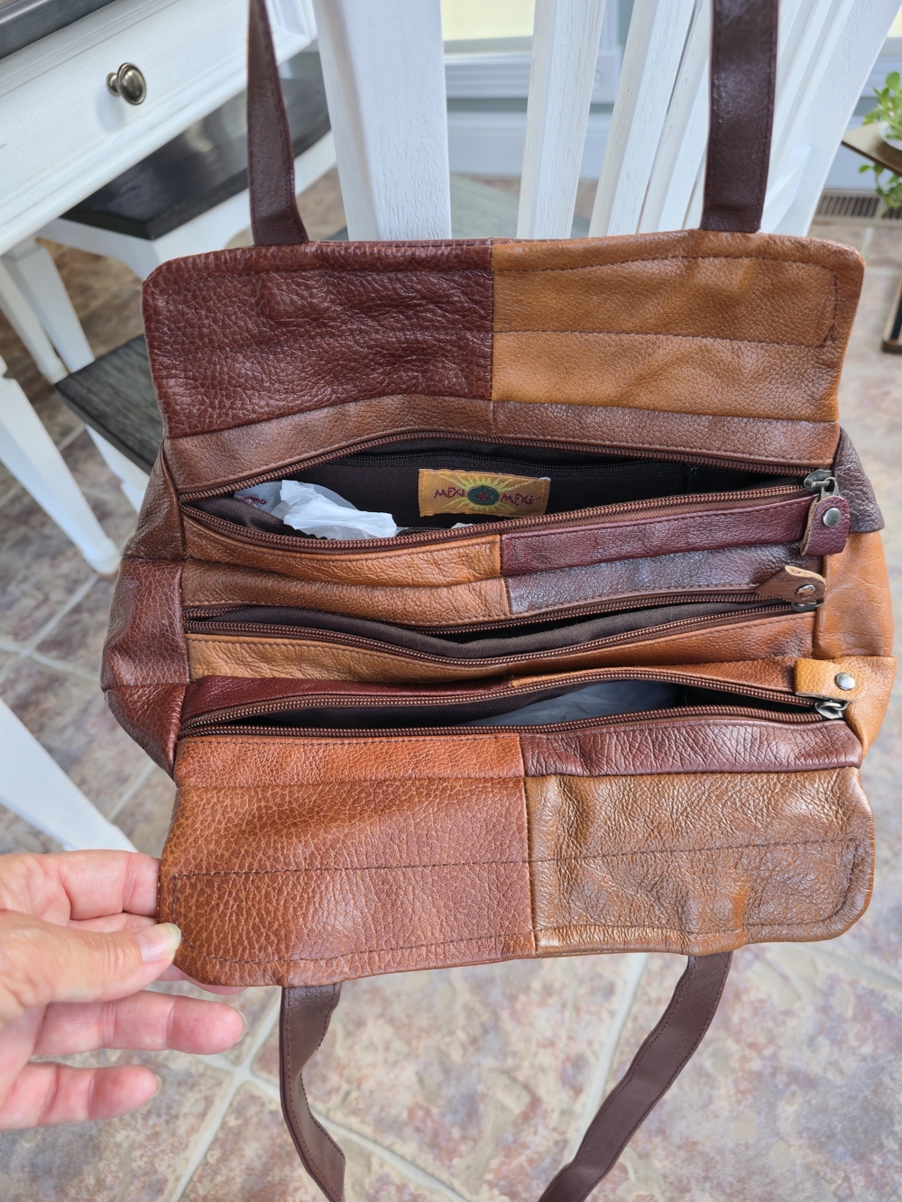 MEXI MEXI Patchwork Leather Messenger Bag in Brown/Red/Tan - Picture 2 of 9